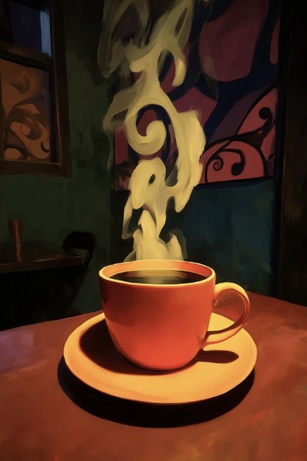 Painting of a steaming cup of coffee in a dark room