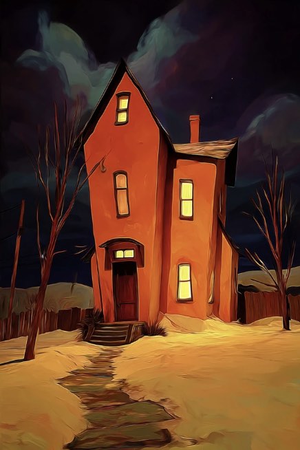 Painting of a lone crooked house lit from inside at night