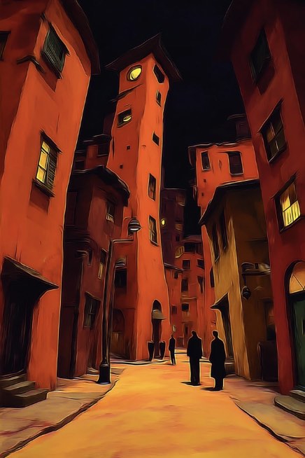 Painting of figures talking in a narrow night street